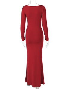 Rear view of sleek red long sleeve bodycon dress on a transparent mannequin