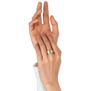 Fashionable gold checkered wide band ring in polished stainless steel for men and women