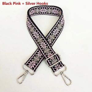 Detail of 3.8cm wide jacquard strap with pink geometric pattern and silver swivel hooks