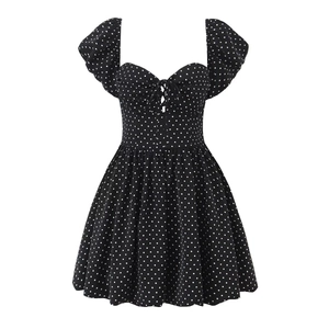 Robe Mini À Pois Rétro Pour Femmes Col Coeur Manches Courtes Bouffantes Style Français Noeud Papillon Été Sexy