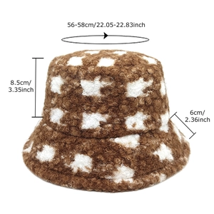 Retro teddy fleece fisherman bucket hat with cow pattern and size measurements