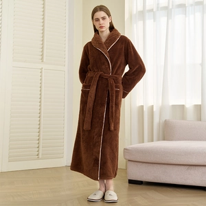 Women's warm dark brown plush robe in thick coral fleece with contrast white piping trim