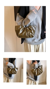 Three-way split view of an olive green pleated cloud bag held by a model in soft leather