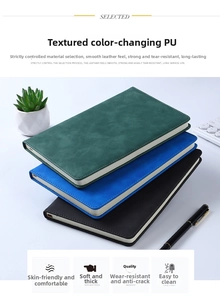 Detail of A5 business notebooks in green, blue, and black with premium PU leather texture