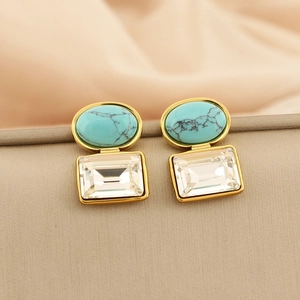 Double-layered square earrings with turquoise oval stone and clear crystal in gold frame