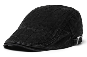 Side view of charcoal grey cotton flat cap with wavy stitching and metal adjustment buckle