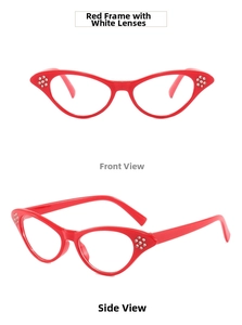 Detailed front and side views of red cat-eye glasses frames with rhinestone accents