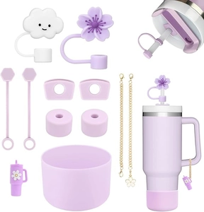 Detail of lavender cup accessory set with floral straw covers and silicone spill stoppers