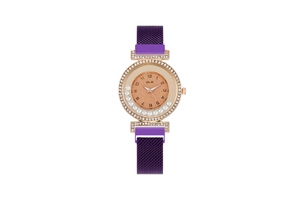 Close-up of purple mesh magnetic band and rose gold crystal bezel on a fashion watch