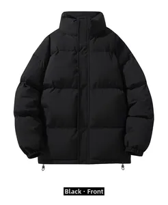 Close-up of black puffer jacket featuring windproof stand collar and quilted texture
