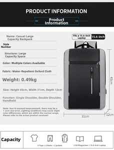 Detailed size specifications of the waterproof Oxford cloth laptop backpack with dimensions