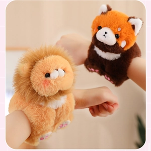 Close-up of cute plush animal slap bracelets featuring lion and red panda designs.