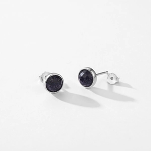 Elegant S925 sterling silver stud earrings featuring round navy blue sandstone crystals