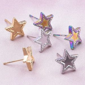 Star-shaped earrings in gold, silver, and rainbow steel with textured diagonal edges