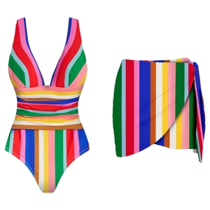 Colorful striped one-piece swimsuit with V-neck and matching wrap skirt set