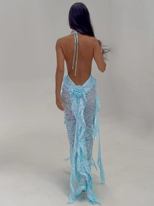 Light blue lace backless halter maxi dress with floral detail and ruffle trim