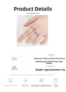 Detail view of 925 silver moissanite ring set with honeycomb six-prong setting and specs