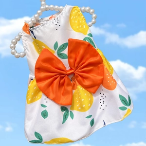 Detailed view of a white pet dress with lemon prints and a large orange satin bow decoration