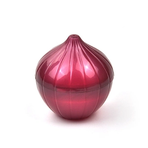 Detailed view of red onion shaped plastic food storage container with a glossy finish