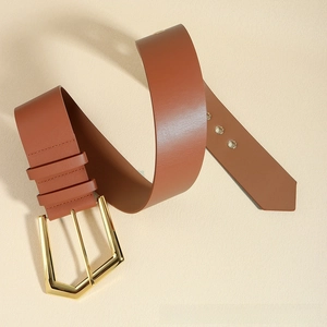 Detailed macro view of the brown leather belt texture and the golden pentagon metal buckle