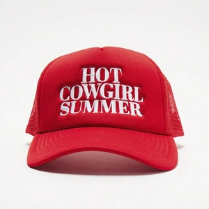 Red Hot Cowgirl Summer embroidered trucker hat with breathable mesh and adjustable back