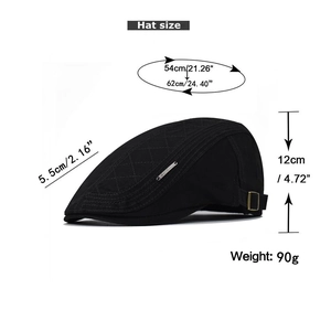 Detailed size specifications of cotton baker boy hat with dimensions and metal buckle