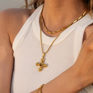 French vintage style gold stainless steel layered cross necklace with brown natural stone