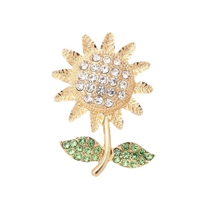 Sparkling sunflower brooch in gold metal with white and green rhinestones for DIY