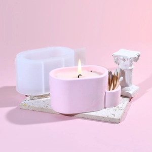 Detailed silicone mold for pink oval candle jars with integrated match striker holder