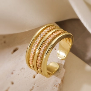 Gold-plated wide multi-layer open ring featuring double rows of sparkling pink zircon stones