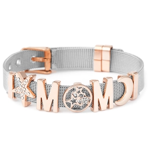 Silver mesh stainless steel MOM charm bracelet with rose gold star and moon accents