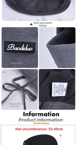 Detail of grey fleece winter hat showing 100% polyester fabric and adjustable drawstring