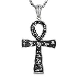 Pendentif Croix Ankh Égyptienne Ancienne Acier Inoxydable Gravé Hiéroglyphes Style Rétro Hip Hop Punk Pour Hommes