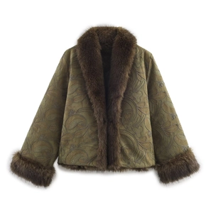 Women Short Embroidered Faux Fur Jacket Olive Green Paisley Vintage Suede Coat