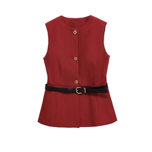 Women's red sleeveless vest top with gold buttons and black leather waist belt