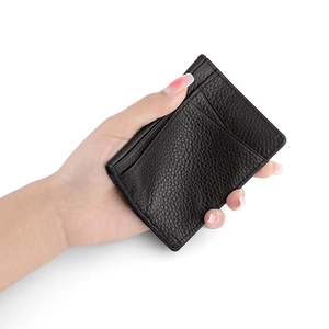 Slim black genuine leather wallet with lychee texture and multiple card slots
