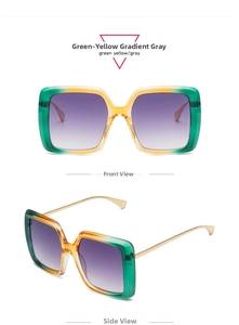 Detail view of square gradient frame sunglasses with gold temples and tinted lenses
