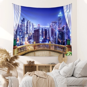 Modern city night view tapestry wall hanging for bedroom decoration showing urban skyline