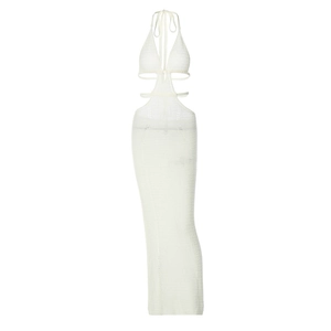 Abito lungo sexy bianco in maglia con allacciatura al collo e ritagli sulla vita