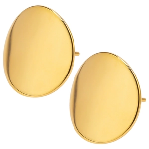 Detailed view of polished oval gold stud earrings with a glossy minimalist mirror finish