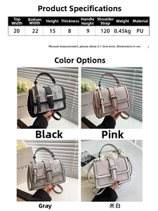 Detailed size chart and four color options for the vintage printed square handbag