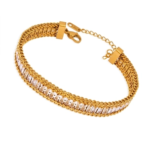 Baguette Cubic Zirconia Bracelet For Women Gold Plated Stainless Steel Woven Wheat Link Chain Jewelry Adjustable