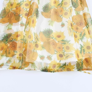 Elegant sunflower oil painting print organza maxi skirt with lightweight layered fabric