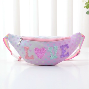 Glittery purple kids unicorn waist bag with LOVE lettering and heart pattern for girls