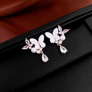 Elegant butterfly drop earrings with pearl and pink zircon in gold plated finish