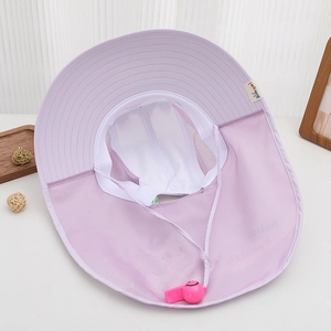 Detail of lavender sun hat featuring breathable mesh lining and adjustable whistle chin strap