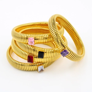 Five-piece set of gold Tubogas snake bracelets with colorful rectangular cubic zirconia stones