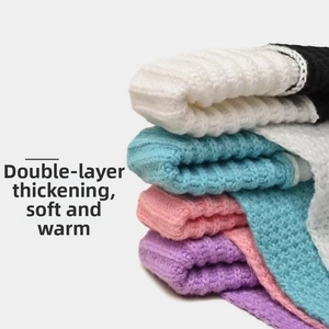Detail of multi-color thick knit hat with soft double-layered thermal texture