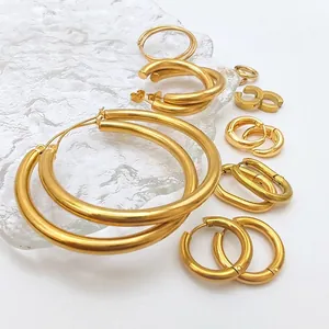 Stainless Steel Hoop Earrings 14K Gold Plated Geometric Round Oval Minimalist Fashion Jewelry For Women
