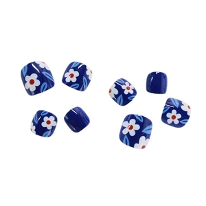 Blue square press-on toenails with white floral pattern and glossy finish for women